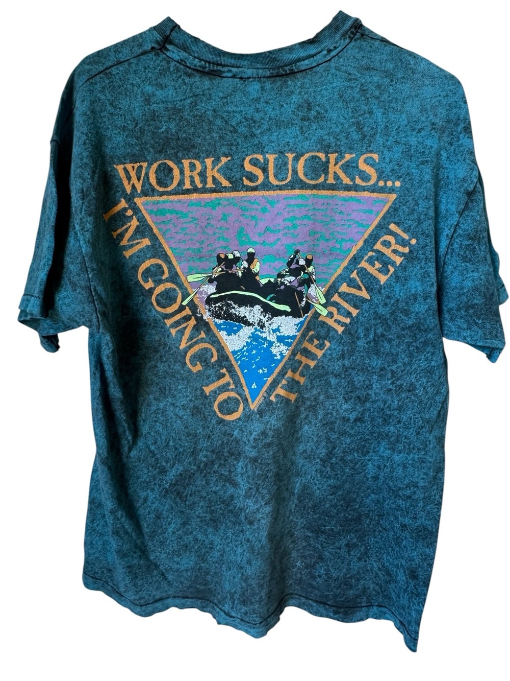 Vintage Work Sucks I’m Going To The River Blue Acid Wash Men’s L T-Shirt RARE